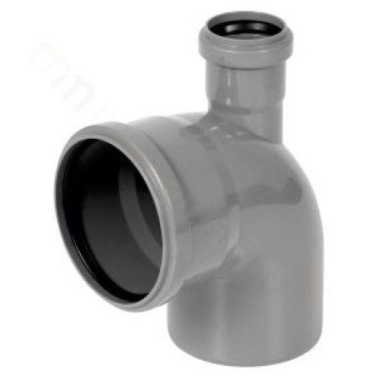 PLAST KOLANO PCV 110<90 Z WYJŚCIEM 50 SZARE (GÓRNE ODEJŚCIE)